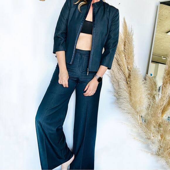 VINTAGE Navy Blue Flare Wide Leg Pants Trousers Blazer Zip Jacket Suit Set 8 - Picture 1 of 16